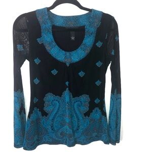 INC International Concepts Black and Teal Long Sleeve Top